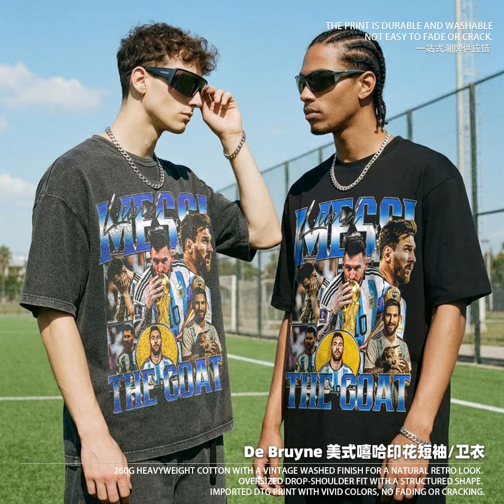 Cross-border American football Messi printed short-sleeve T-shirt, heavyweight pure cotton 420G crew neck hooded sweatshirt