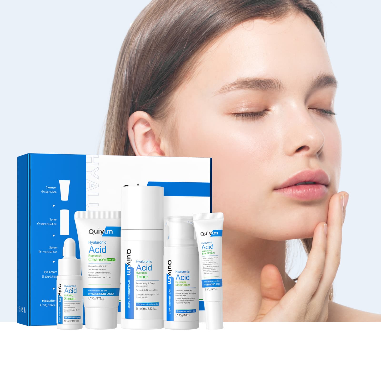 QUIYUM Hyaluronic Acid Skincare Set 5-Piece Hydrating Moisturizing Cosmetic Products for Universal Skin Care Needs