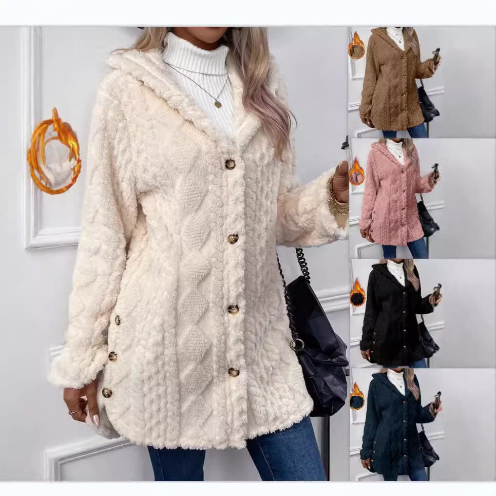 Amazon Temu Cross-border European and American Autumn/Winter Women's Wear Warm Fashion Diamond Pattern Plush Hooded Cardigan Coat