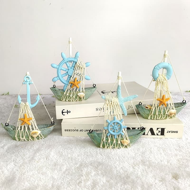 Mediterranean Style Vintage Wooden Sailboat with Iron Anchor, Helmsman, Starfish, Lifebuoy, Small Boat Model Decoration