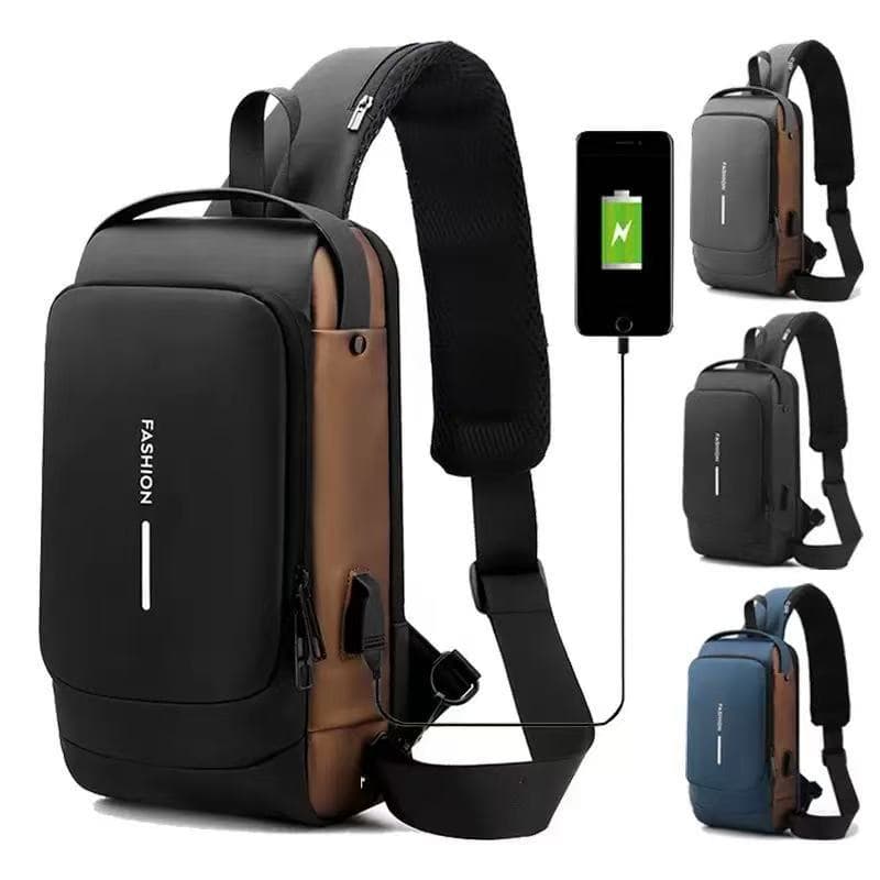 Color Contrast Motorcycle Bag Men's Combination Lock Anti-Theft Chest Bag Men's Crossbody Chest Bag Outdoor Sports USB Port Chest Bag