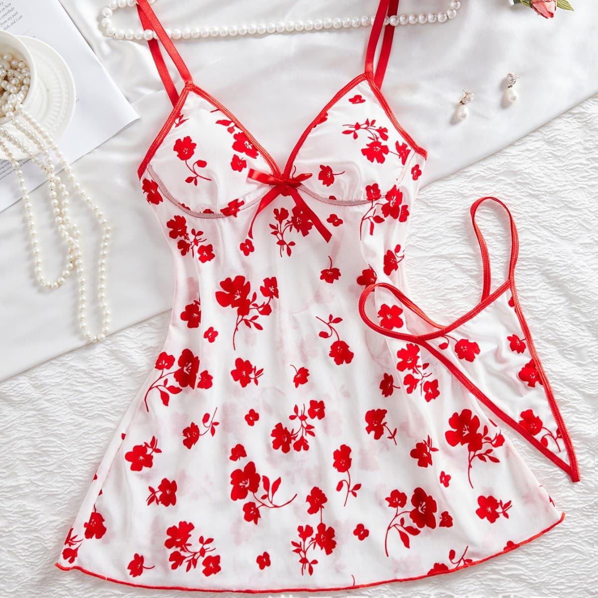 Cross-border European and American new sexy suspender nightgown mesh print pure desire see-through backless dress pajama set