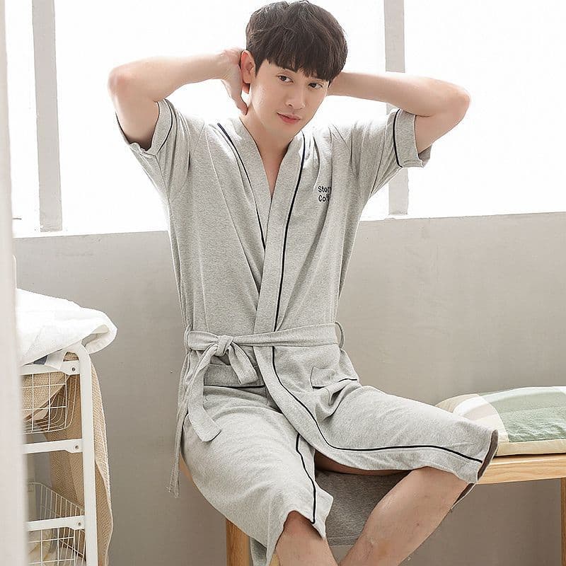 Summer Gray 100% Cotton Nightgown Men's Summer Short-Sleeved Thin Home Long Men's Pajamas Couple Cotton Bath