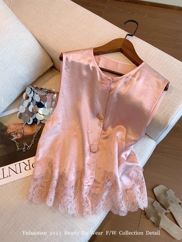 Pink New Chinese Style Lace Trim Acetate Satin Vest Women's Summer New High-End Chic National Style Sleeveless Tank Top