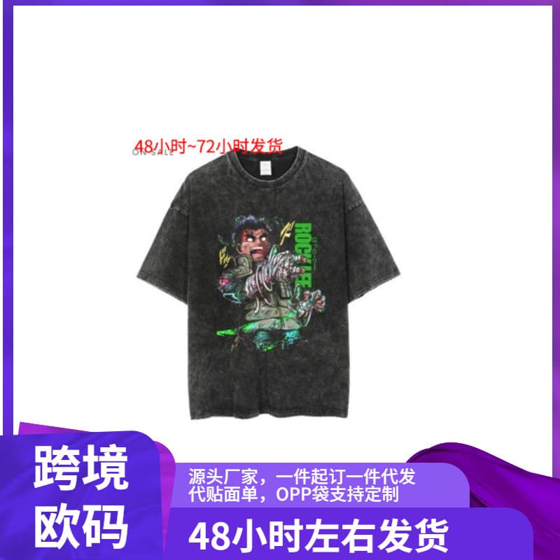 Men's animation cartoon washed and distressed men's short-sleeved T-shirt European and American high street dark men's short T-shirt
