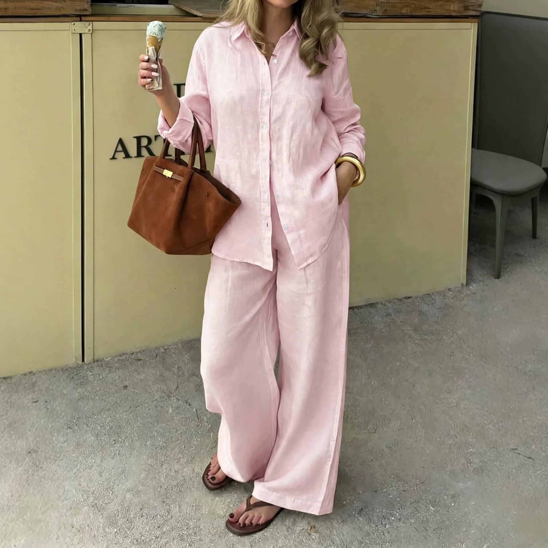 2026 Autumn/Winter Export Minimalist Two-Piece Set: Notch Lapel Long-Sleeve Shirt with Straight-Leg Wide-Leg Pants, Casual Urban Commuter Ensemble