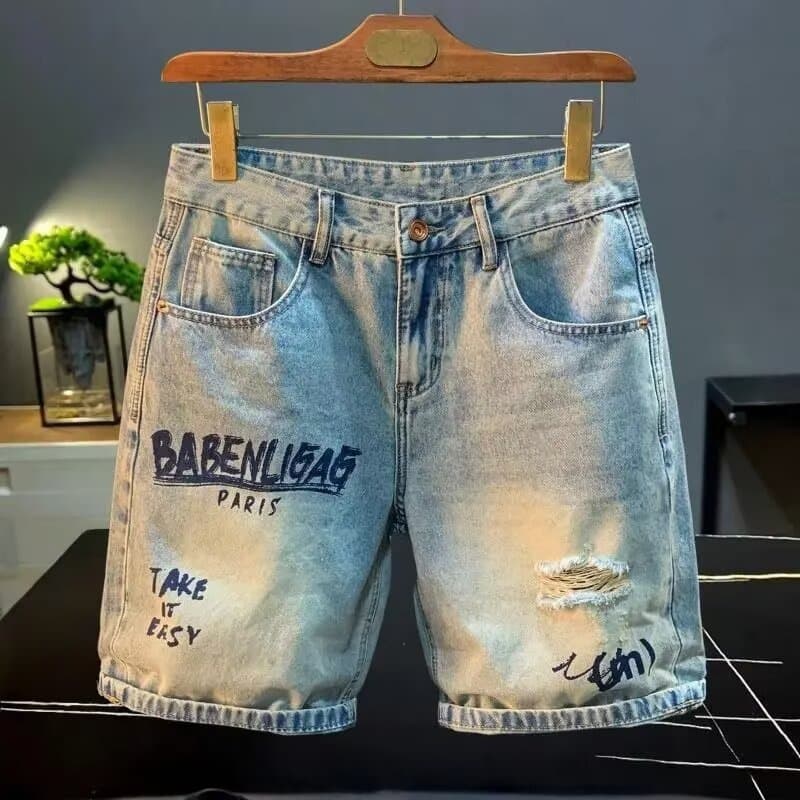 2026 New Style Men's Denim Shorts with Holes, Trendy Fashion Printed Mid-Length Shorts, Washed Korean Style Men's Denim Shorts