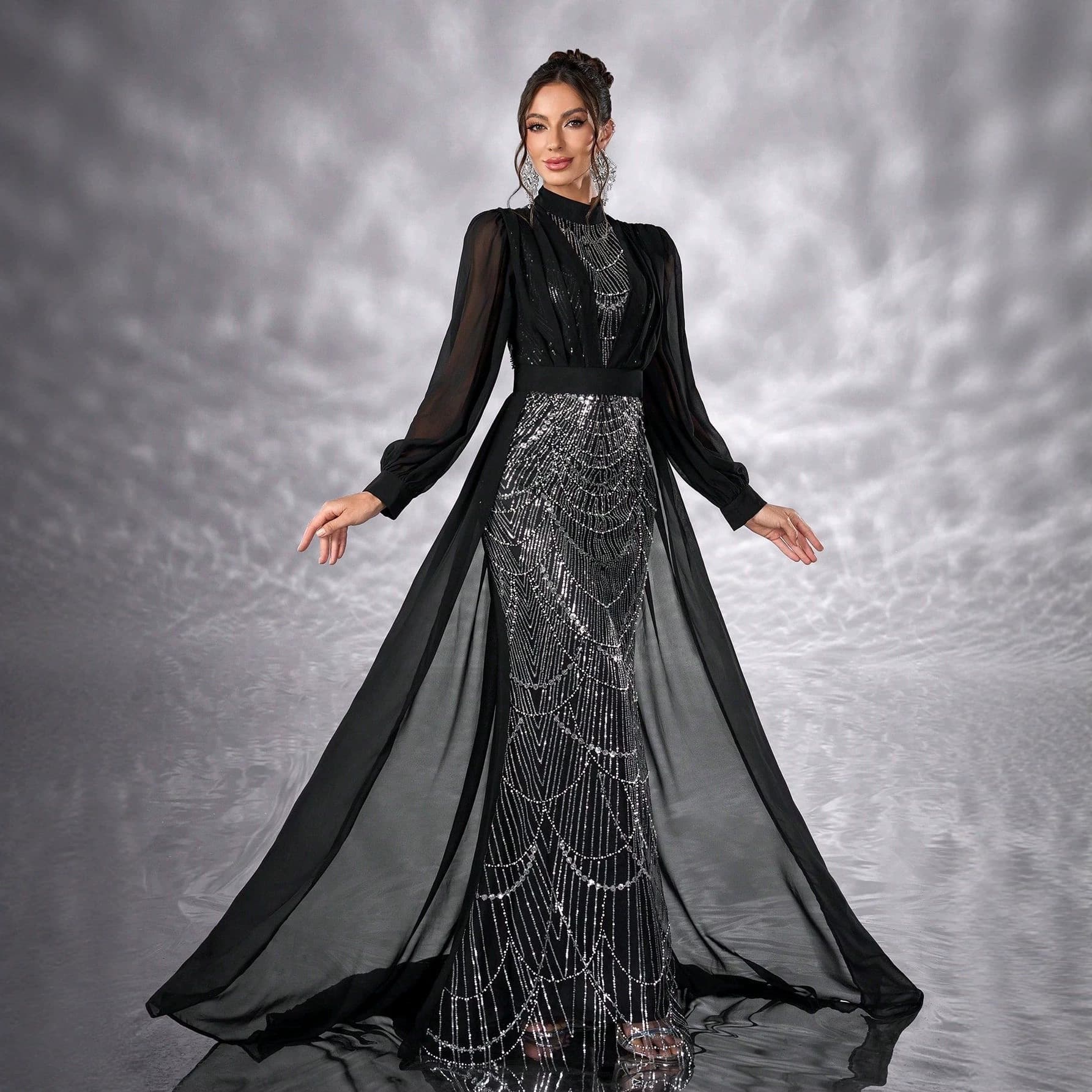 New Export Evening Dress Chiffon Sequin Gown Beaded Patchwork Design Long Sleeve Wholesale Dress-MG1844