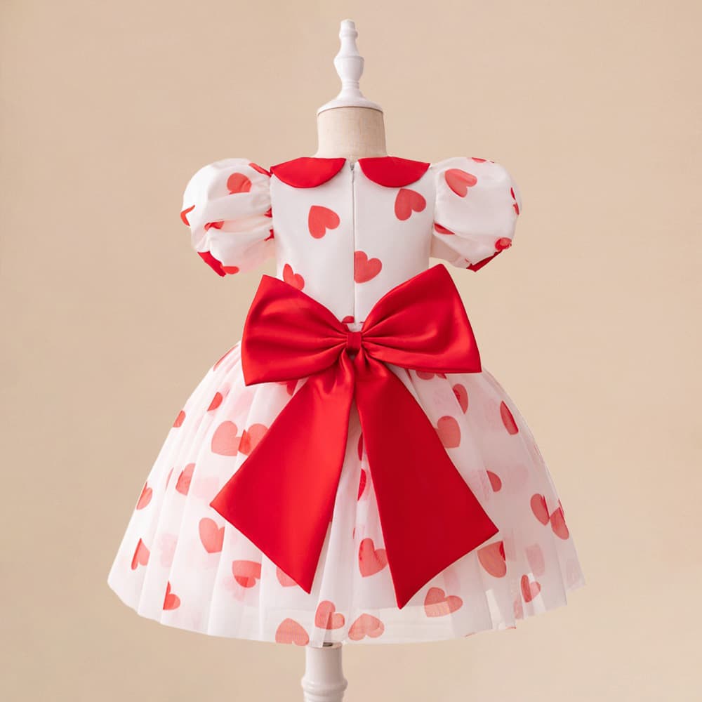 Cross-border new style puff sleeve love princess dress cute bow waisted puff skirt doll collar dress
