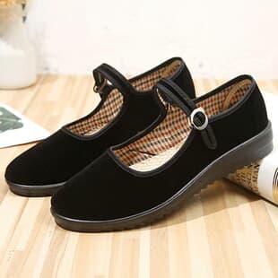Old Beijing Cloth Shoes Women's Black Flat Work Shoes Lightweight Breathable Non-Slip Dance Shoes One-Strap Cloth Shoes
