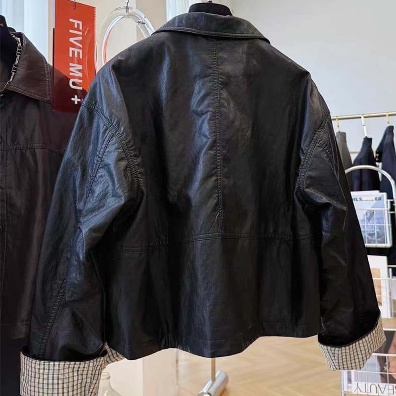 New PU Leather Jacket for Women Black Short Length Petite 2026 Spring Autumn Winter New Hong Kong Style Loose Faux Leather Coat
