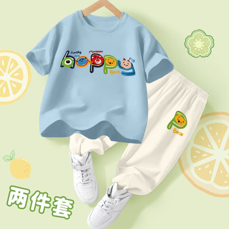 Boys Cotton Short Sleeve Set 2026 New Children's Ice Silk Pants Summer Casual Medium Large Kids Girls Thin Set