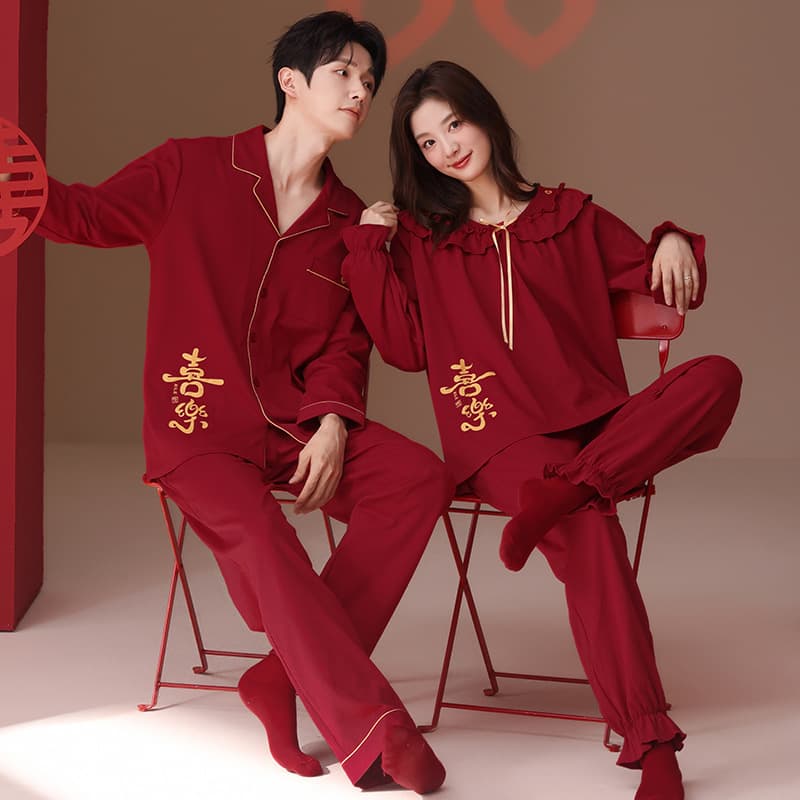 100% Pure Cotton Couples Pajamas Long-Sleeve Spring/Autumn Cardigan Red Festive Wedding Men's and Women's Homewear Newlywed Set