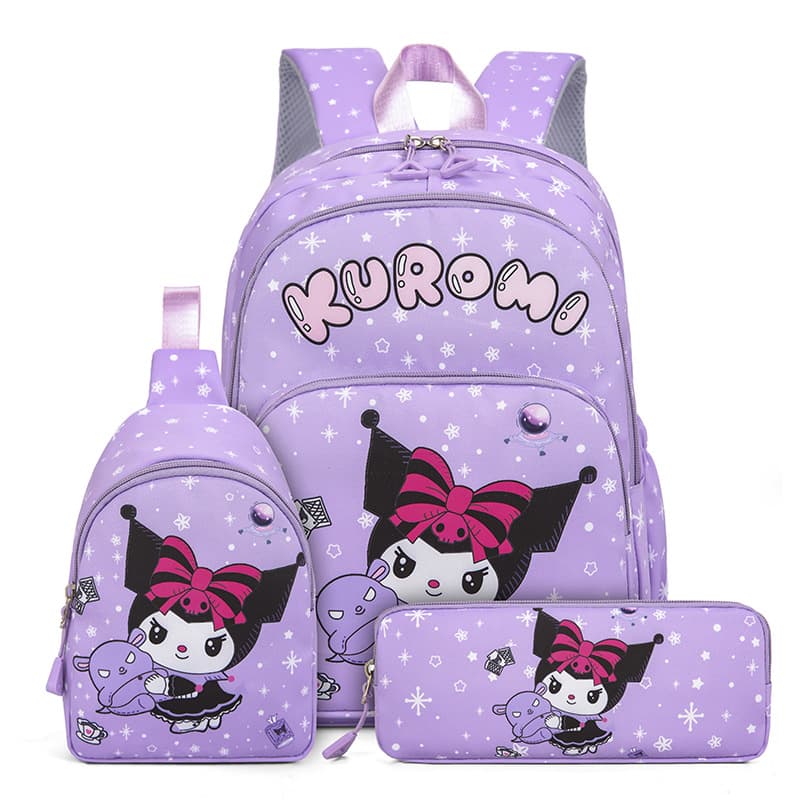 3-Piece Set Hello Kitty Backpack, Kuromi Student Schoolbag for Boys and Girls, Large Capacity Double-Shoulder Backpack, Casual Backpack