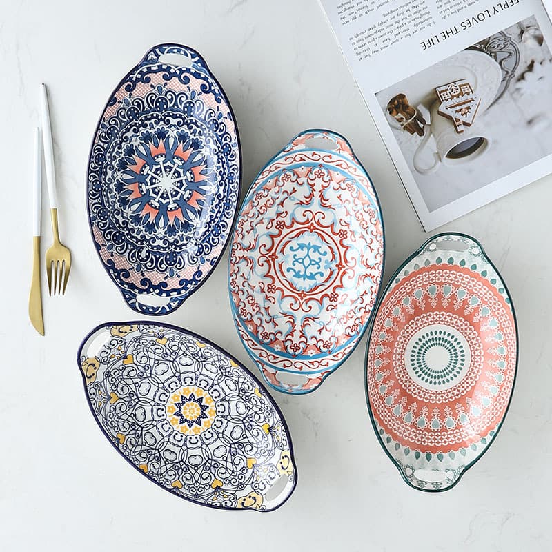 Bohemian Oval Plate Creative Ceramic Plate for Home Use Double-Handled Fish Plate Dish Hand-Painted Underglaze