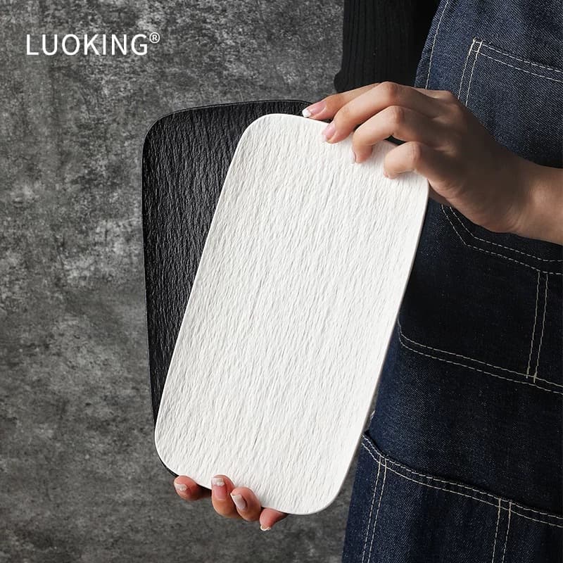 Japanese ceramic frosted sushi plate steak plate wholesale black and white restaurant placement plate rectangular stone pattern shallow plate good-looking