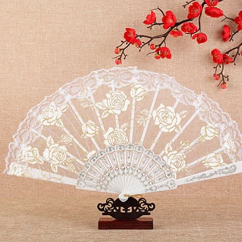 Lolita European Retro Palace Style 7-inch Rose Lace Fan, Comic Con Photo Prop, Black Chiffon