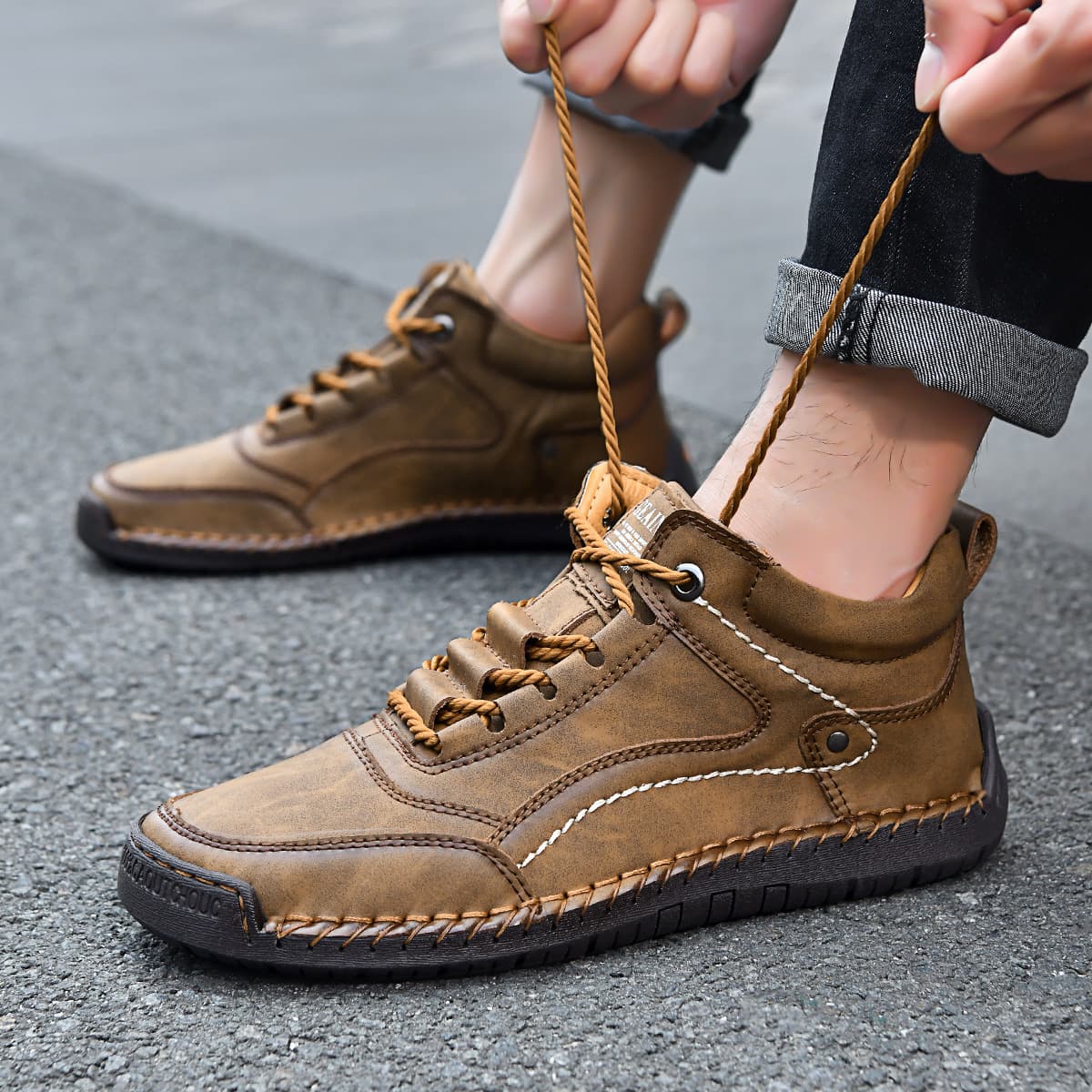 Spring and Autumn Outdoor Casual Shoes for Men, New Style, Anti-Slip Retro Bare Shoes, Leather Shoes, Mid-Top Hand-Stitched Shoes