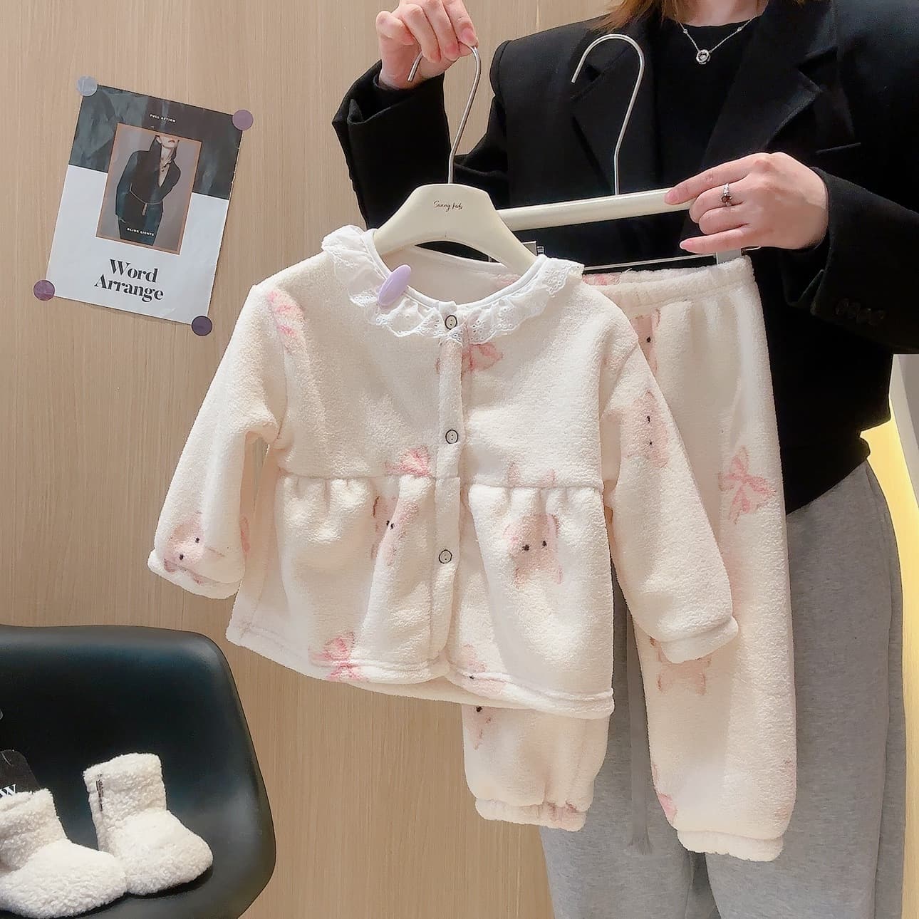 Children's Homewear Autumn/Winter Girl Korean Sweet Cute Cardigan Warm Pajamas Baby Lace Trim Set