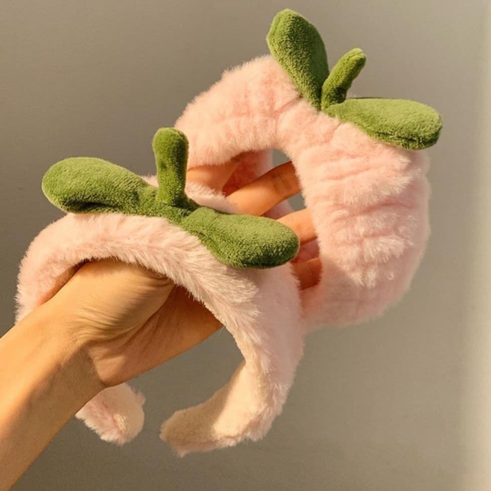 Cute Pink Peach Plush Face Wash Headband for Women, Grass-Shaped Hair Tie for Face Masks, Anti-Slip Headband Hair Accessory