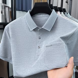 Middle-Aged Father's Short Sleeve Polo Shirt, Men's Summer Breathable Sweat-Absorbing Half Sleeve with Real Pocket, Casual Top