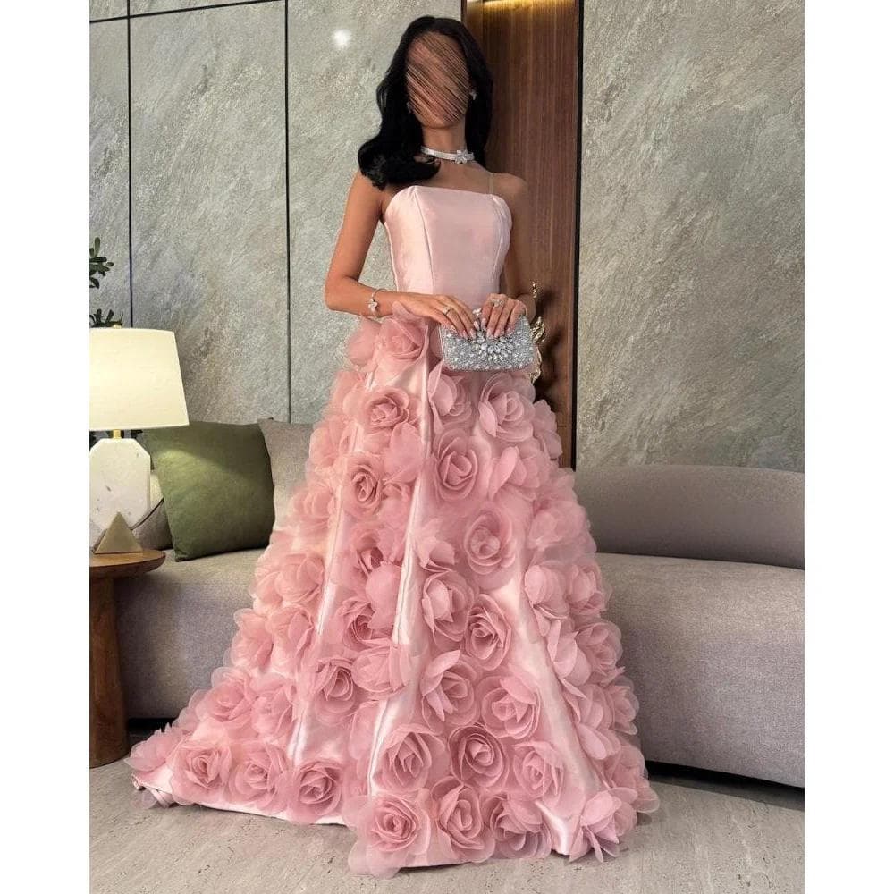 European and American cross-border fashion tube top evening dress three-dimensional flower birthday party long dress with high-end temperament