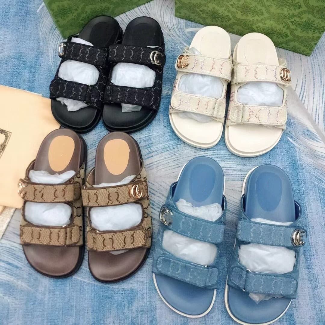 G Home 2025 Summer Flat Casual Beach Sandals New Canvas Embroidered Printed Thick Bottom Velcro Slippers for Women