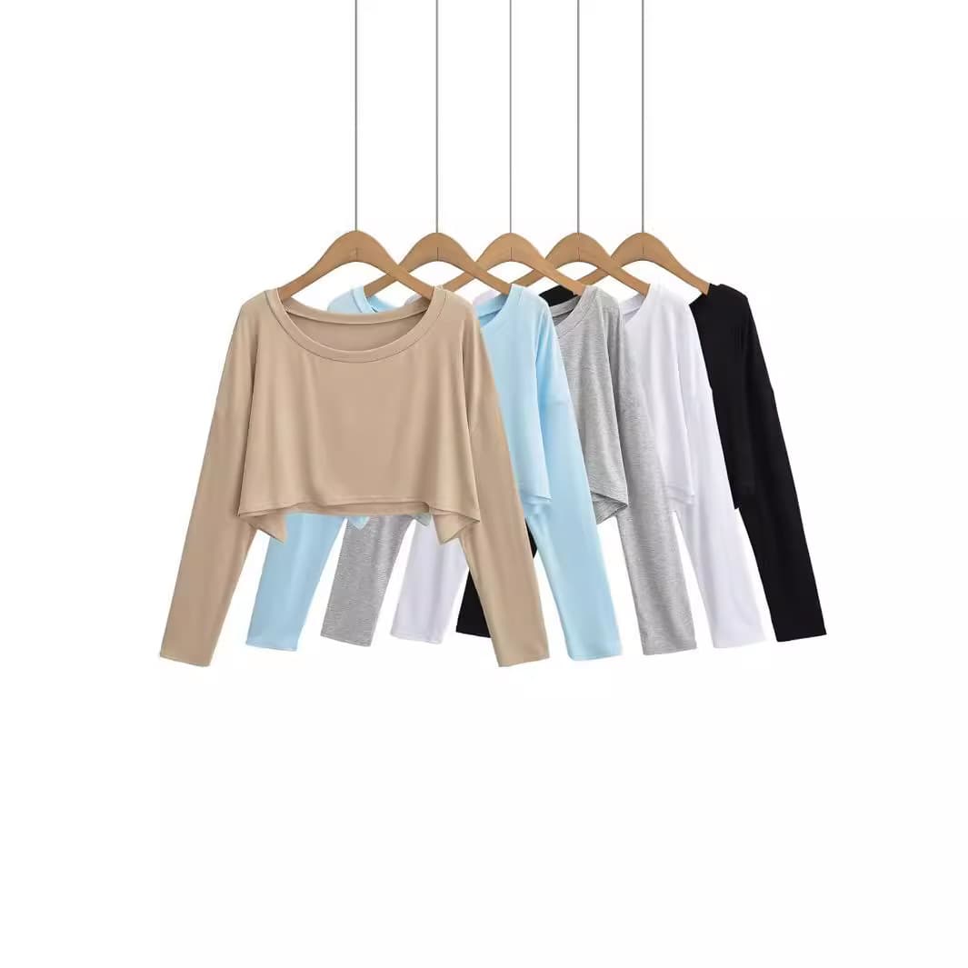 2024 new autumn style sexy hot girl jazz dance big round neck loose short long-sleeved women's T-shirt blouse top