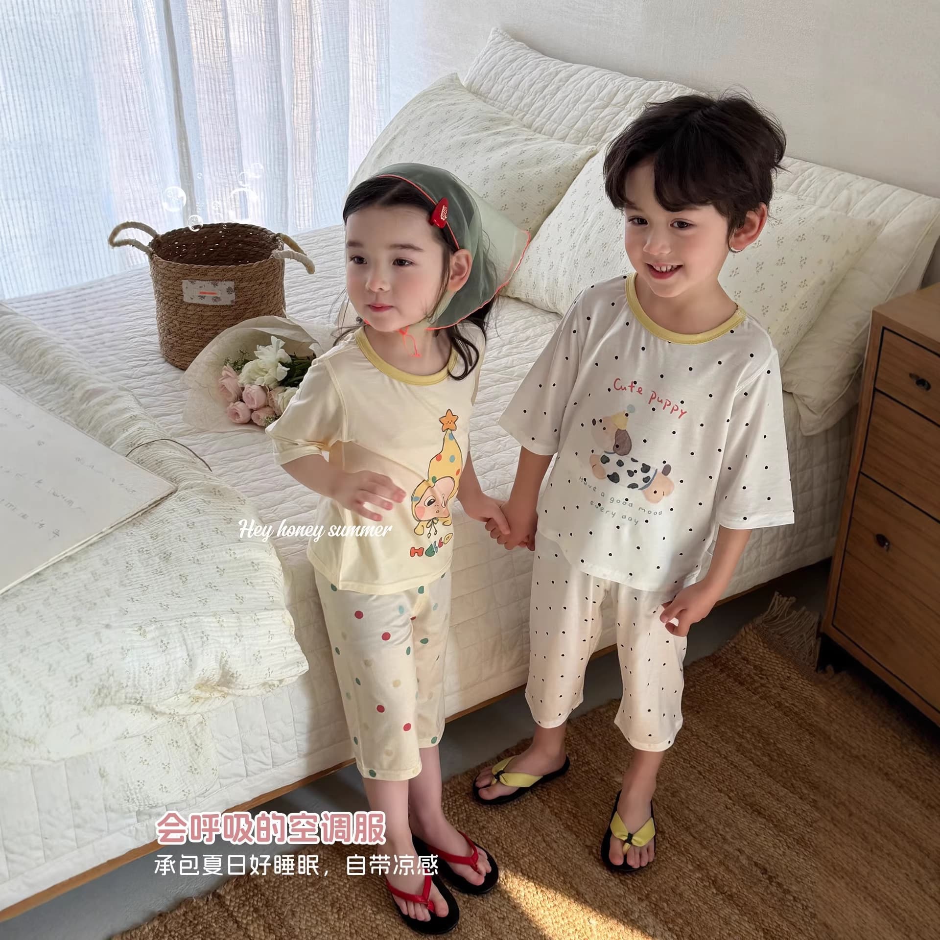 Size Roll Kids Summer Pajamas HeyHoney Boys Girls 3/4 Sleeve Modal Sleepwear Air Conditioning Suit Set