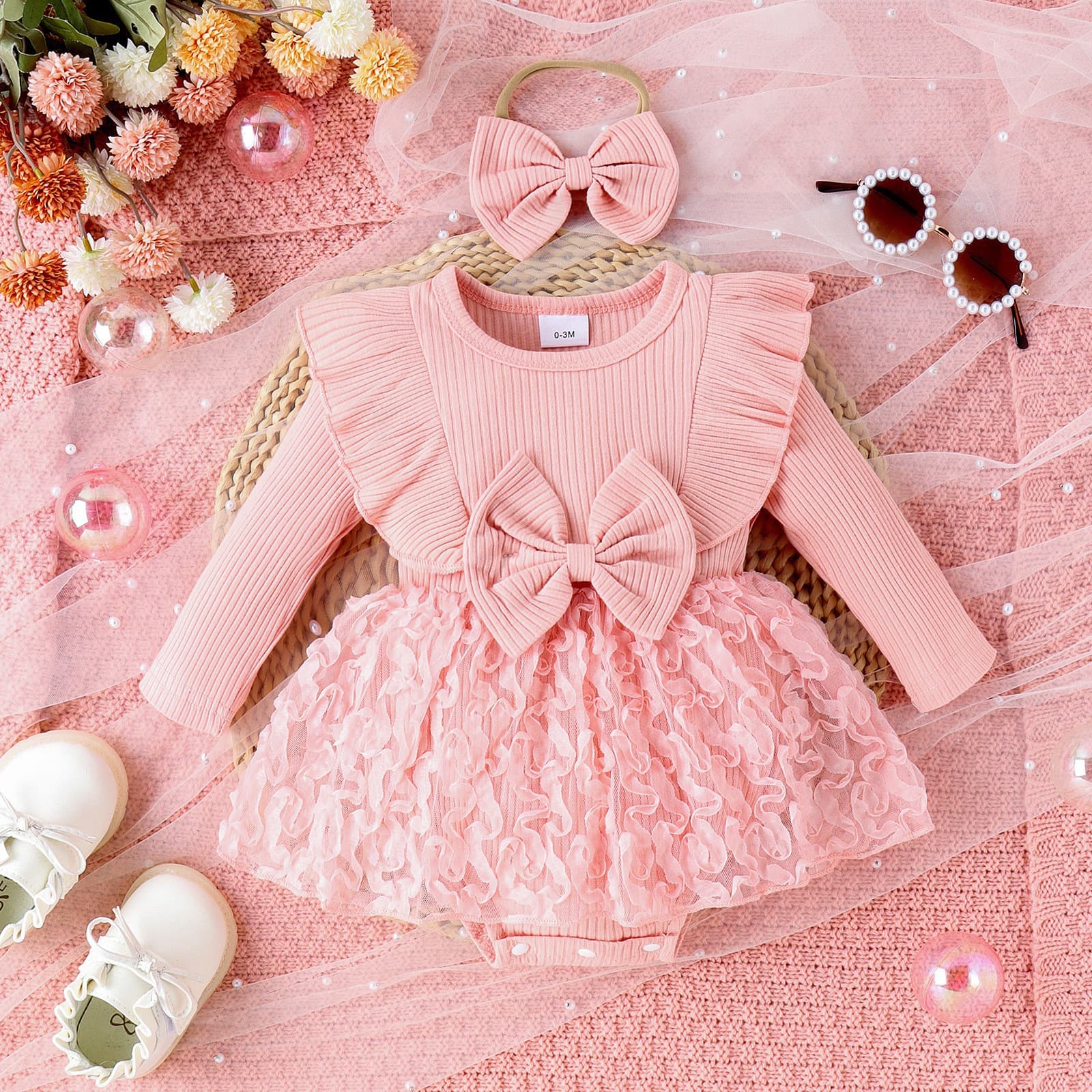 Cross-border Amazon Autumn Infant and Toddler Romper Clothes Solid Color Bow Long Sleeve Pullover Mesh Harness Dress with Headgear