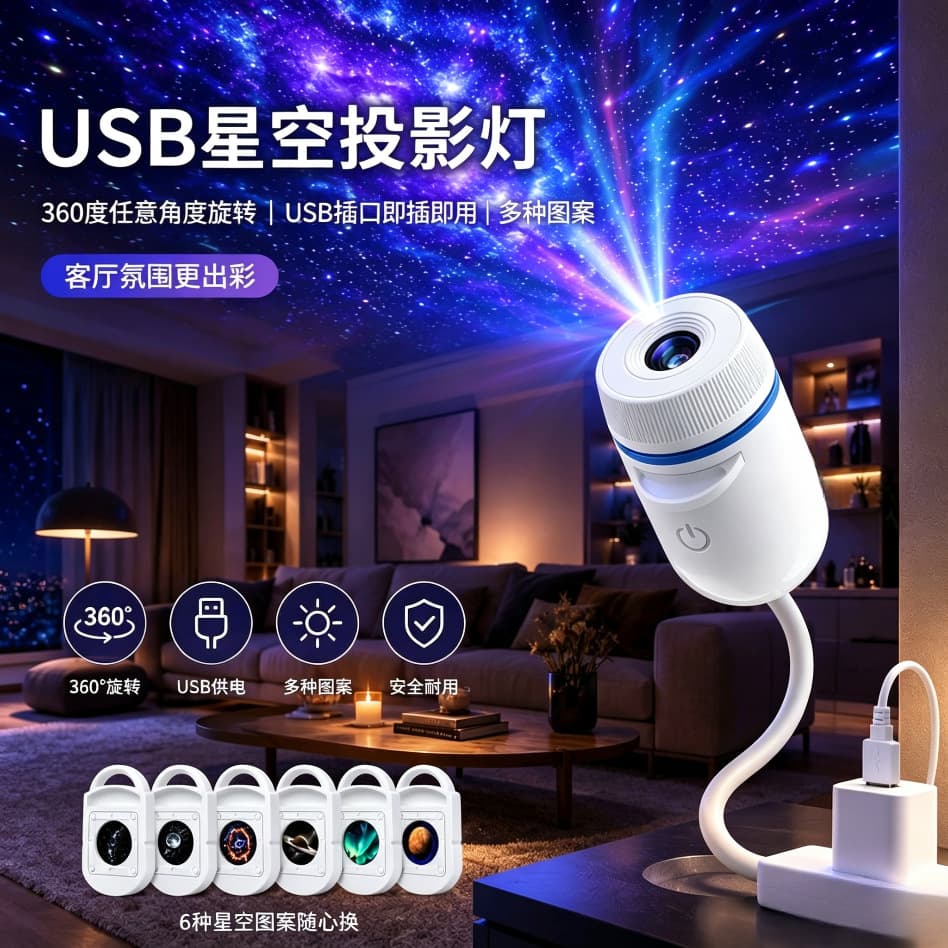 A cross-border popular USB starry sky projector lamp for car interior, home bedroom, night light, romantic galaxy atmosphere lamp