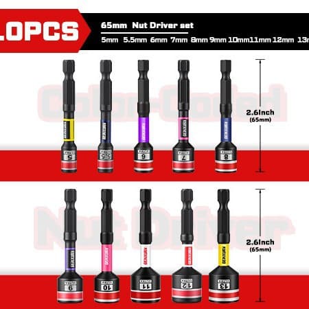 Impact Magnetic Socket Set 10-Piece 65mm/150mm, 5/5.5/6/7/8/9/10/11/12/13mm