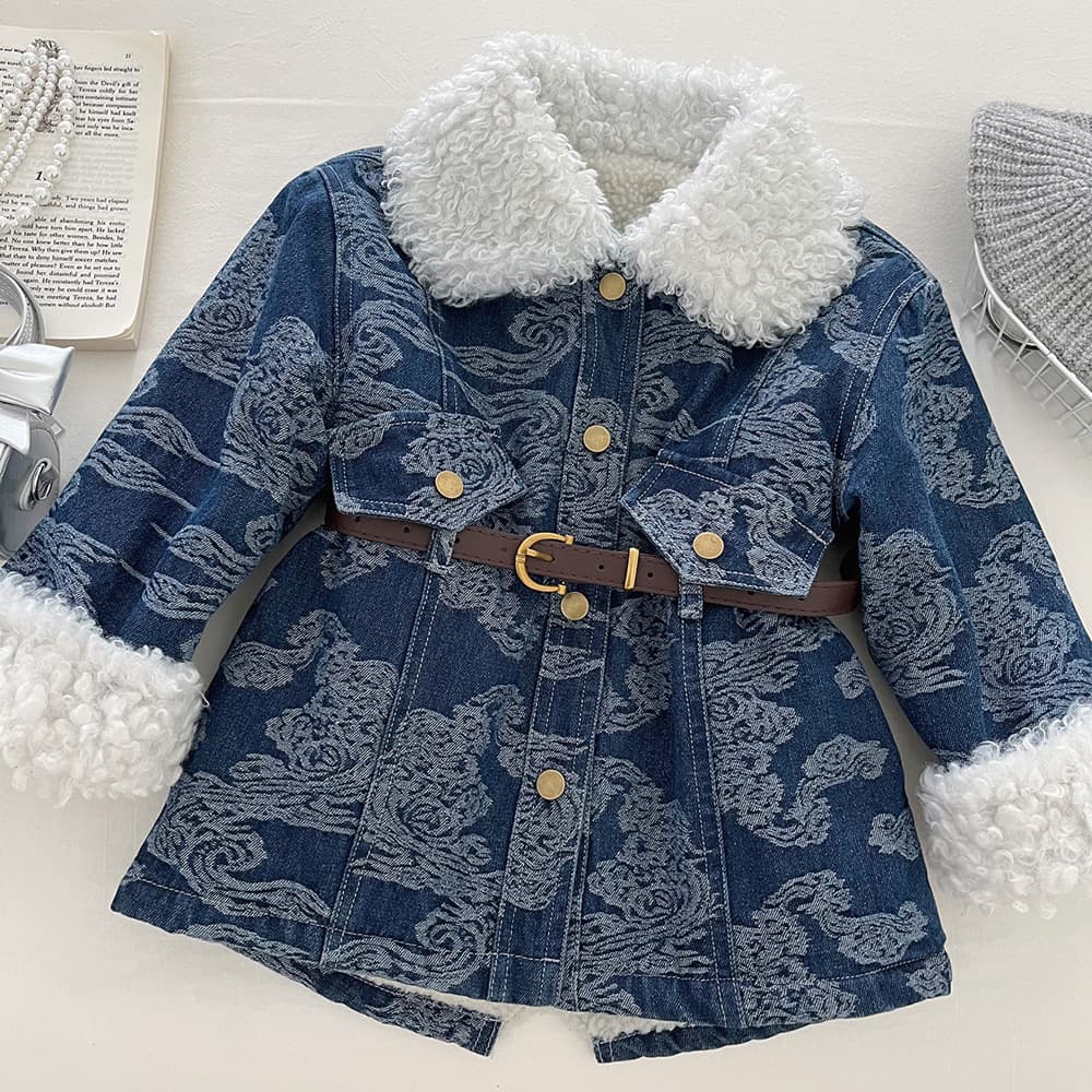 Girls' velvet warm denim jacket 2025 winter new Korean version children's waist thickened fur collar denim jacket trend