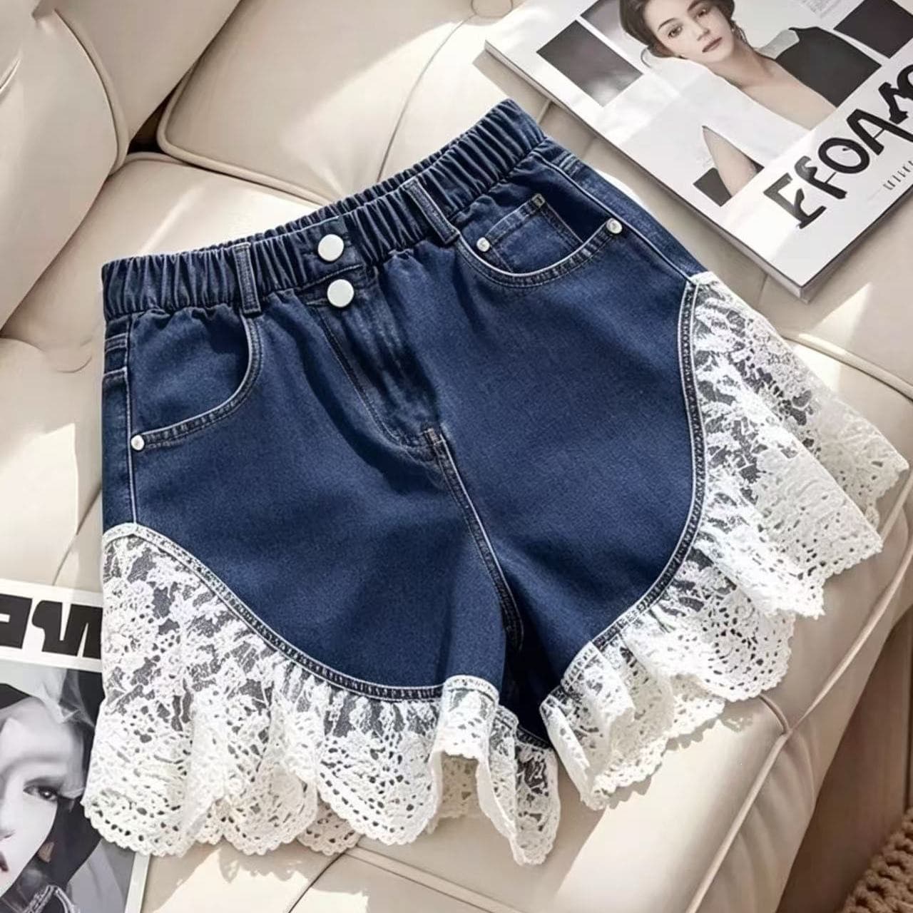 Girls Summer Denim Shorts with Lace Trim, New Korean Loose Fit for Girls
