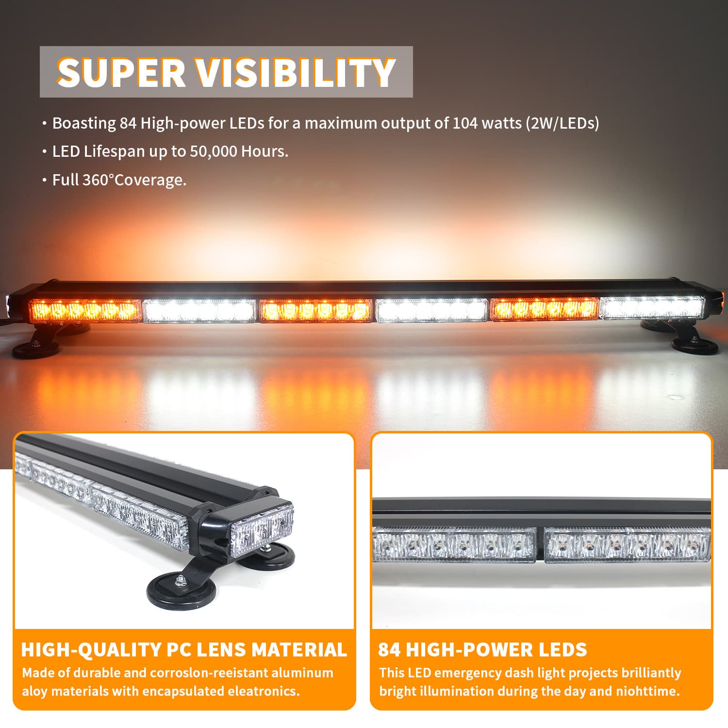 Four-Side 6-Section 84-LED Long Light Bar Warning Light, Roof Top Strobe Light Bar, High-Power Flashing Light 12-24V