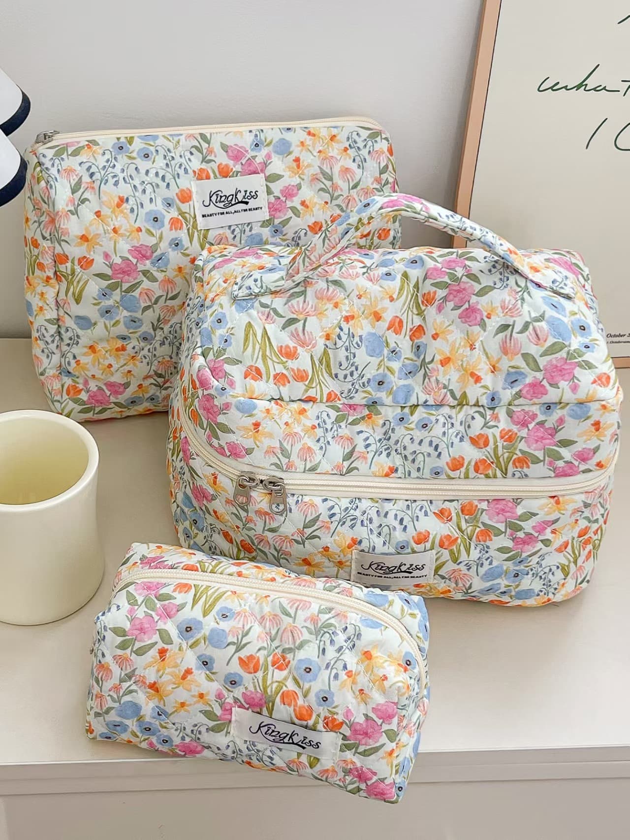 Large Capacity Floral Cosmetic Bag, Portable Quilted Cotton, Cute Flower Pattern, Travel, Student