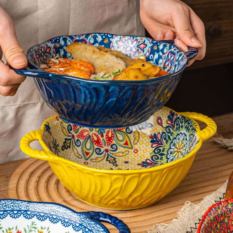 Bohemian High Appearance Double-Handled Soup Bowl Home Ceramic Salad Bowl Instant Noodle Bowl Trendy Tableware Ramen Bowl Soup Bowl
