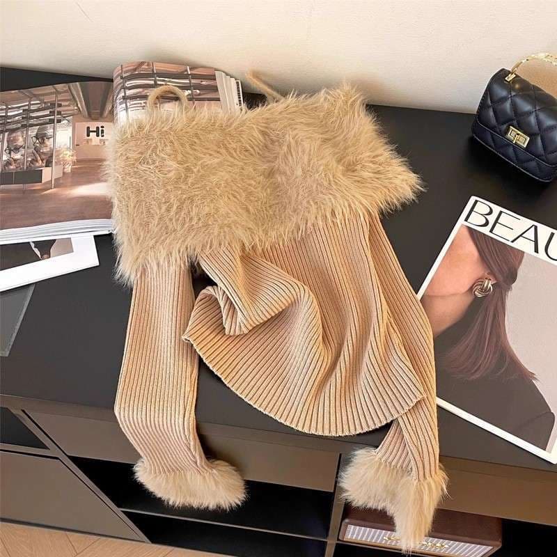 Winter Soft Textured Off-Shoulder Sweater for Women, Chic and Edgy Style, Fluffy Inner Layer, Unique and Distinctive Top