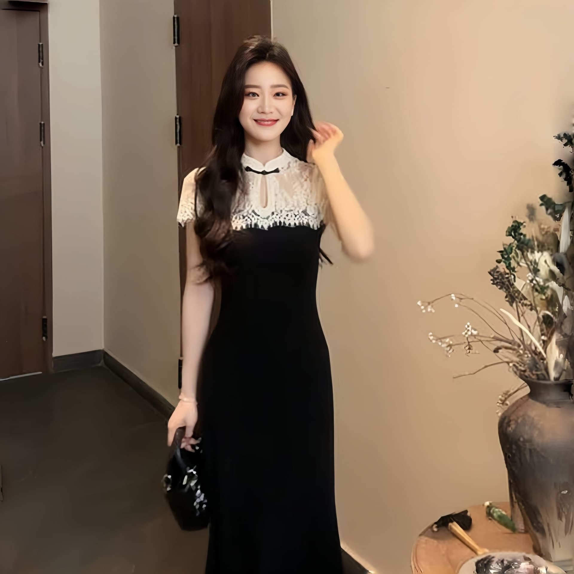 2026 summer new style Chinese retro national style lace splicing temperament dress long skirt cheongsam skirt black