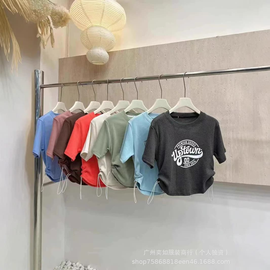 High-Quality Stretch Round Neck Short Sleeve Top with Drawstring Print and Waist-Cinching Design, Cropped T-Shirt for Women, Live Stream Source