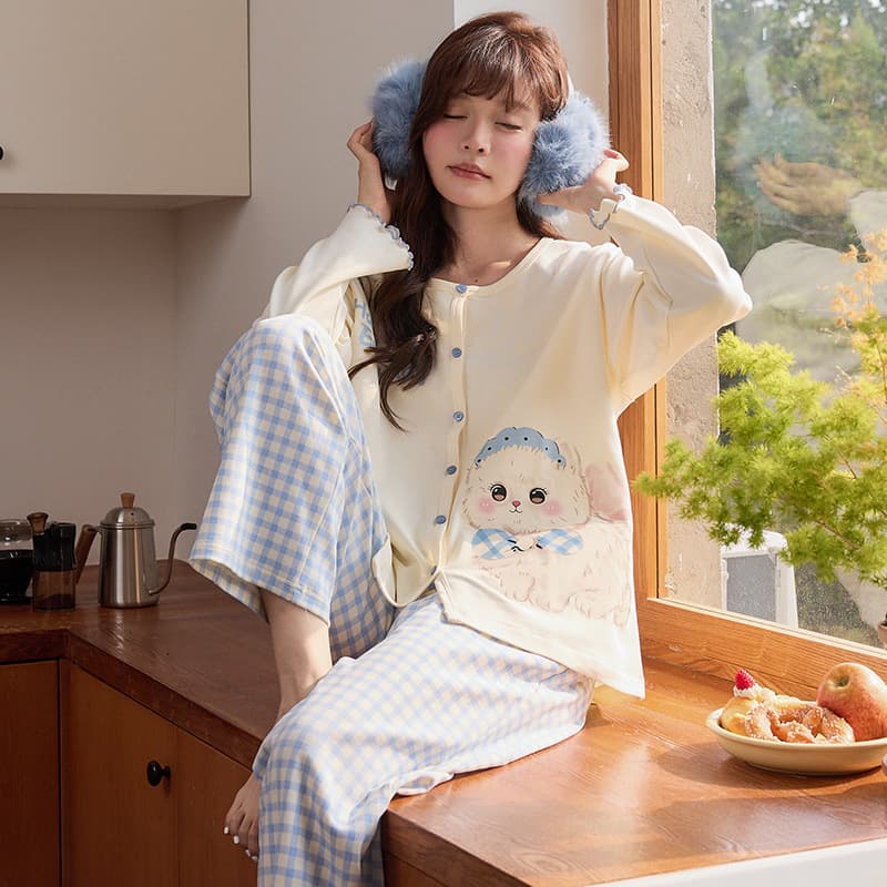 Women's Pajamas Set Autumn Winter Tight-fit Pure Cotton Cardigan Cartoon Teen Student Homewear Loungewear Suitable for Outdoor Wear