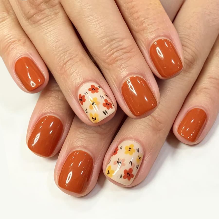 Short Square Glossy Nails, European and American Cross-Border Export Autumn/Winter Style, Colorful Floral Warm Tone, Removable Wearable Nails, 24 Pieces