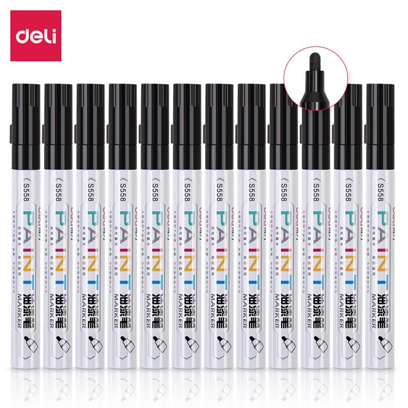 Deli S558 Paint Pen Waterproof Fade-Resistant Metal Car Tire Marker Black (12 pcs/box)