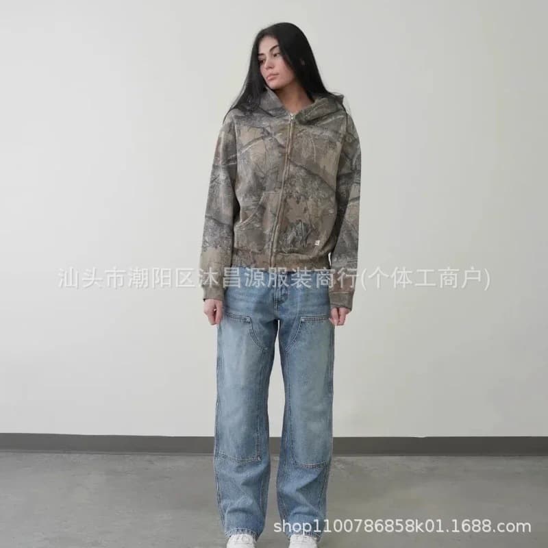Digital American Style High Street Fashion Hooded Camouflage Maple Leaf Sweater 2024 Spring and Autumn New Retro Men's and Women's Sweater Cardigan