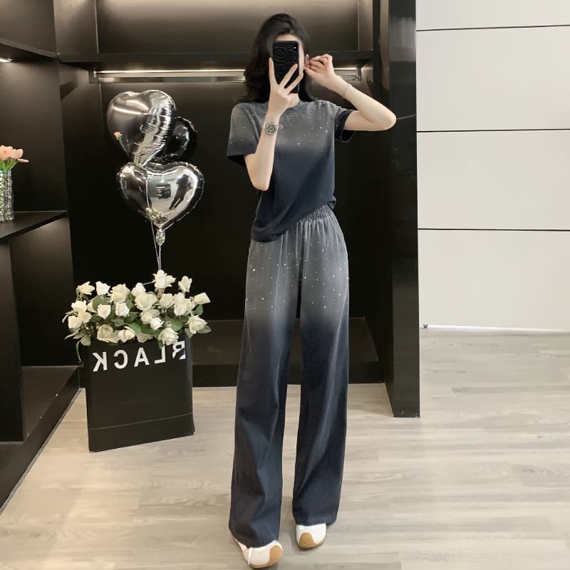 Women's European Style Casual Sportswear Set, New Summer Korean Version with Slimming Design, Tie-Dye Short Sleeve and Wide-Leg Pants Two-Piece Set