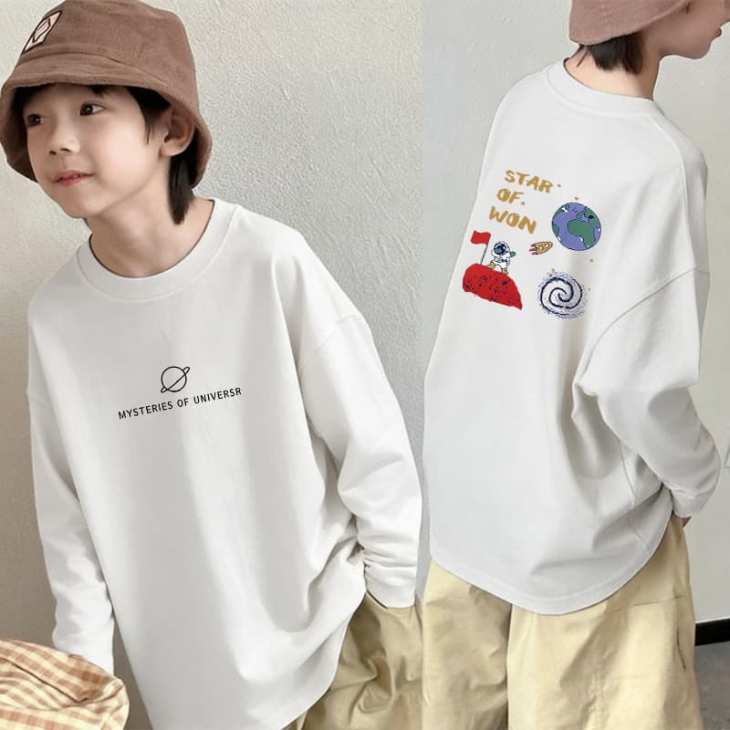 Boys Spring Autumn New Casual Pure Cotton Long Sleeve T-Shirt, Cool Style for Ages 8-12, Loose Fit Base Layer Top