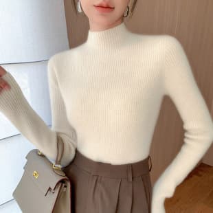 Seamless Half Turtleneck Cashmere Women Autumn Winter New Thickened Slim Wool Base Layer Sweater Angora Red