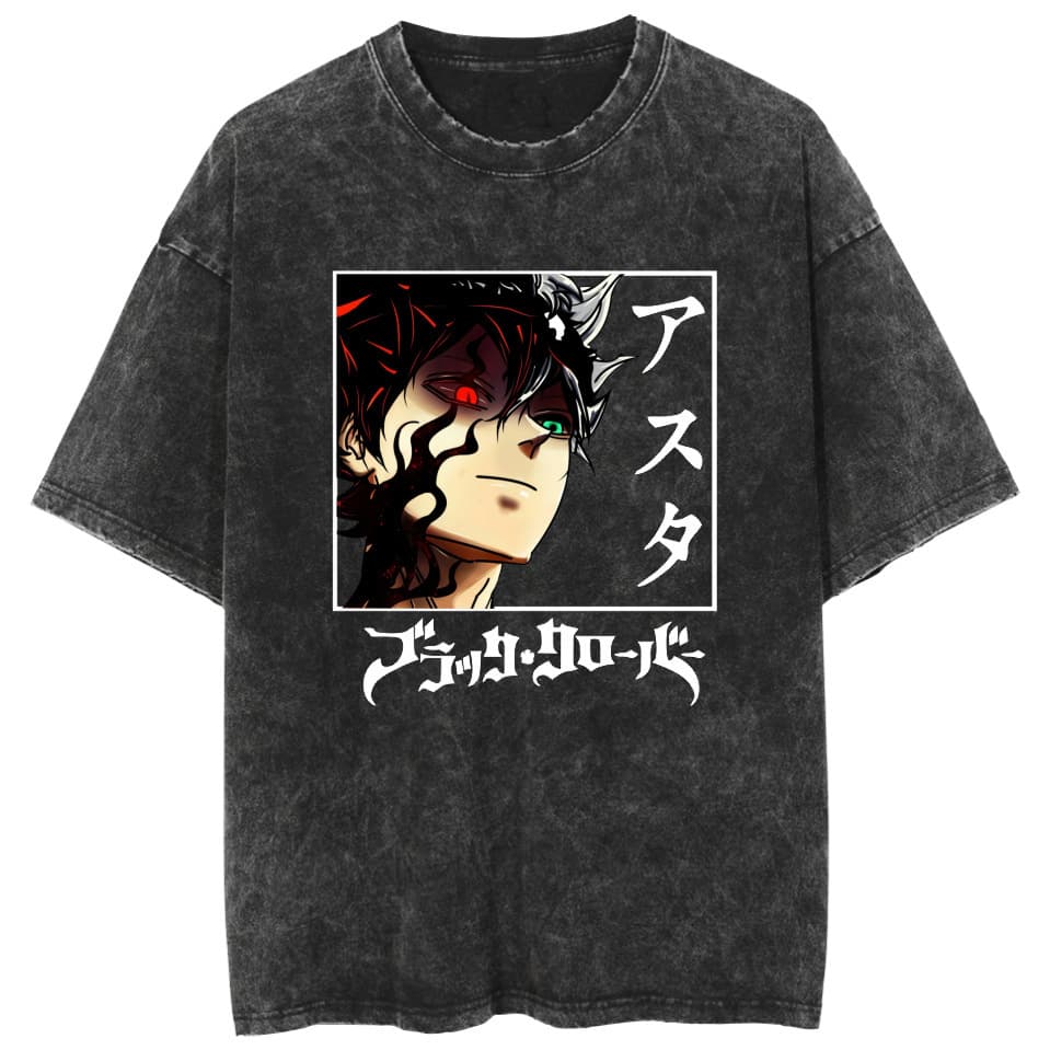 Washed retro T-shirt street hip-hop anime black four-leaf clover Black Clover casual cotton summer short sleeves