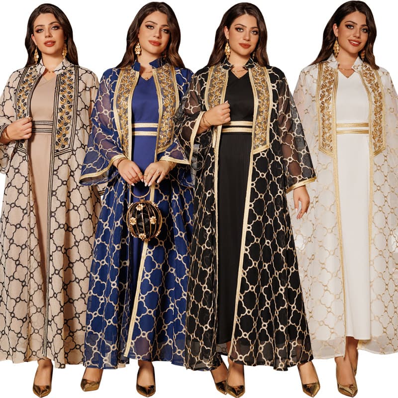 AB416 Cross-border E-commerce Amazon Fashion Hot-Selling Long Skirt Women's Embroidered Cardigan Vest Set Dress