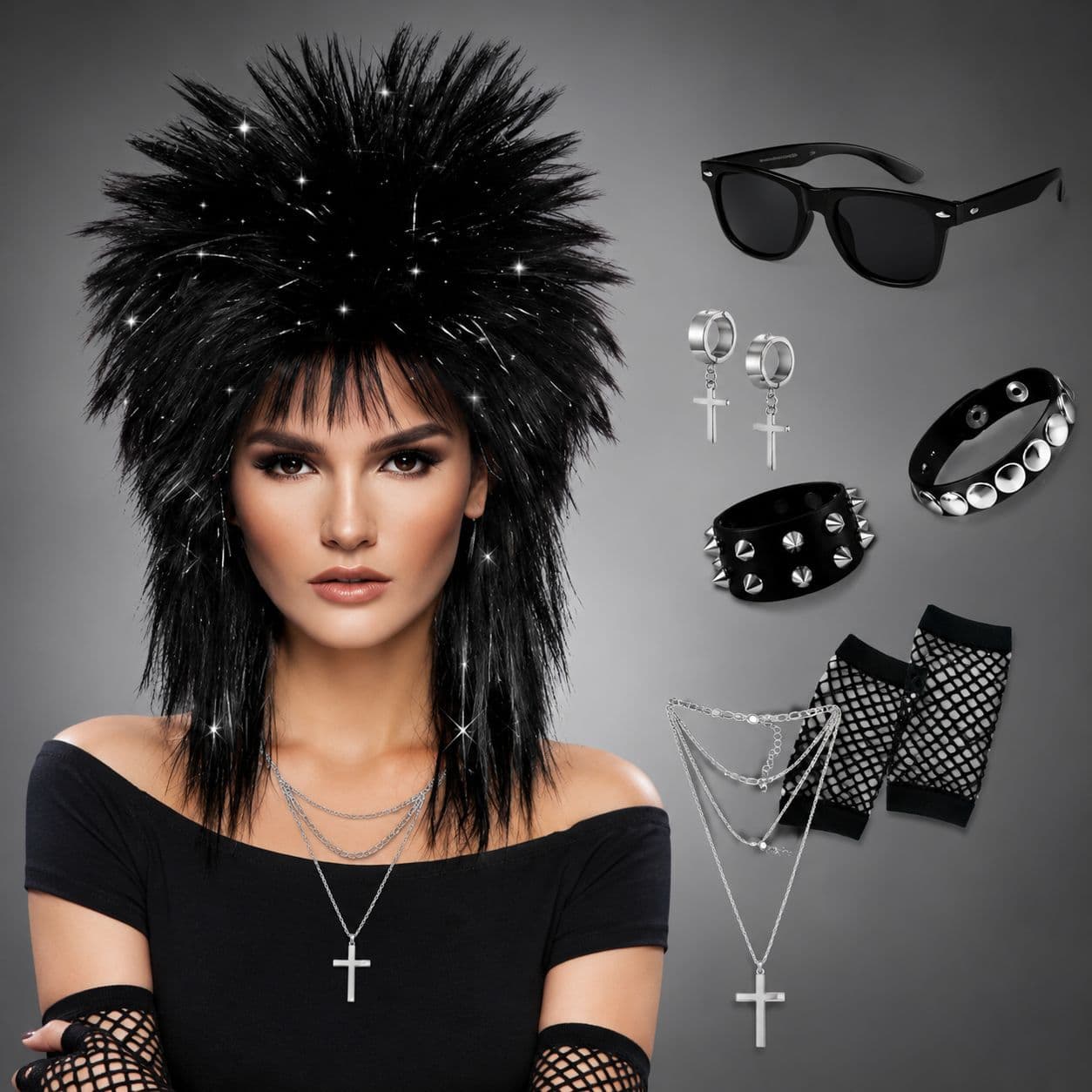 80s Wig Black Silver Ponytail Wig Rock Queen Wig Punk Hairstyle Disco Night